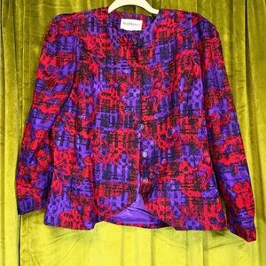 Vintage 80’s Raul Blanco Silk Purple & Red Geomtric Print Blazer Jacket Medium